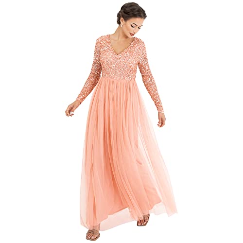 Maya Deluxe Sera da Donna, a Maniche Lunghe, Maxi Elegante, per Matrimonio, Scollo a V, Abito da Damigella d'Onore Dress, Arancione, 52