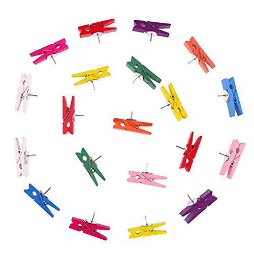 50Pcs/Set Push Pins with Colorful Wooden Clip Pushpins Thumb Tacks for Cork Boards Bulletin Boards Cubicle Walls, No Holes for Paper(Random Color)