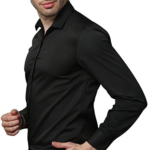 Men's Bamboo Fiber Solid Color black Long Sleeve Slim Casual Business Combination Button Shirt,16.5" Neck 35" Sleeve/L