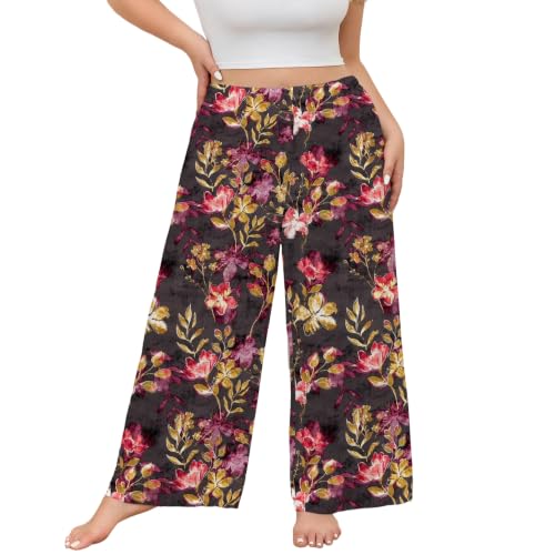 FEREMO Women's Plus Size Wide Leg Lounge Pants Floral Print Pajamas Pants at Amazon