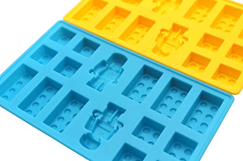 Lego Figure Multi Building Bricks Ice Cube Trays & Candy Chocolate Molds for Melted Chocolate & Crayons - Birthday Day or Party Favors - Set of 2, Much Fun for Lego Lovers(Blue & Yellow)
