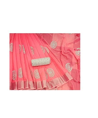 Womens Cotton Blend and Linen Saree with Blouse (Peach)