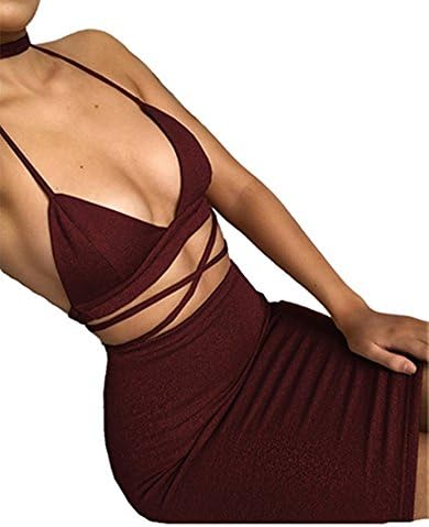 Lppgrace Women's 2 Piece Glitter V Neck Halter Backless Sleeveless Bandage Party Club Dress (Small, Wine Red)
