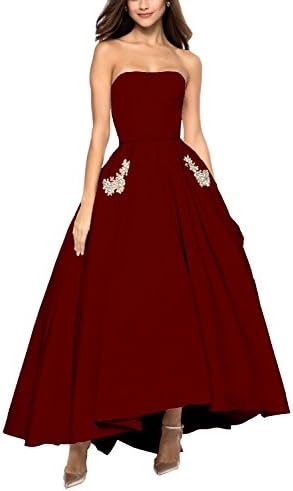 Weddder High Low Prom Party Dresses Strapless Beaded Satin Evening Gown Cocktail Dress Burgundy Size 8