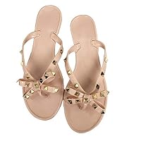 Mtzyoa Women Stud Bow Flip-Flops Sandals Beach Flat Rivets Rain Jelly Shoes Nude