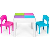Kids Activity Table Set - 5 in 1 Water Table, Building Block Table, Craft Table and Sensory Table with Storage - Includes 2 Chairs and 25 Ex-Large Blocks â€“ Pastel Colors