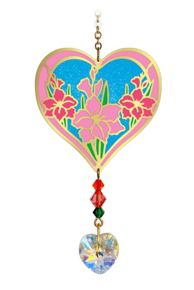 Birthmonth Flower Sun-Catcher Mobile - Stained Glass Effect - Sparkling Crystal Heart Adorned - Embellished with Hand-Crafted Beadwork (August - Gladioli)