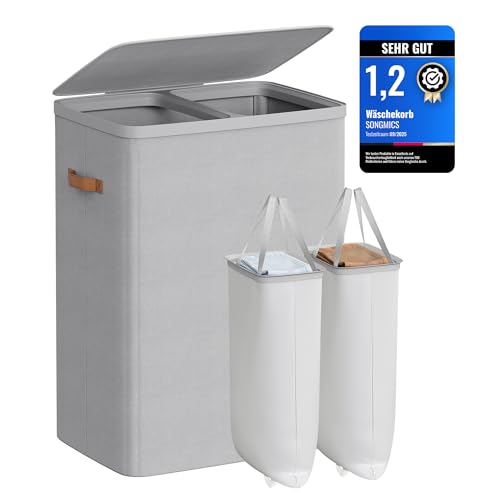 SONGMICS Wäschekorb, 170 L Wäschesammler 2 Fächer, Wäschesortierer, leichter Aufbau, mit Deckel und Griffen, herausnehmbarer Wäschesack, 56 x 40 x 75