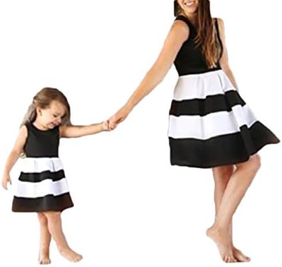shooooping Mother Daughter Stripe Pachwork Sleeveless Dress Family Matching Clothes (L, Mom/Black)
