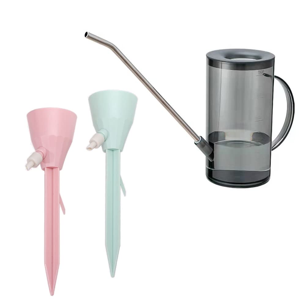 Plant Watering Can Indoor - Watering Pot Long Spout with with 2 Pcs Automatic Watering Spikes Watering Indoor Outdoor Plants, Succulents and Flowers (34oz/1L Grey)
