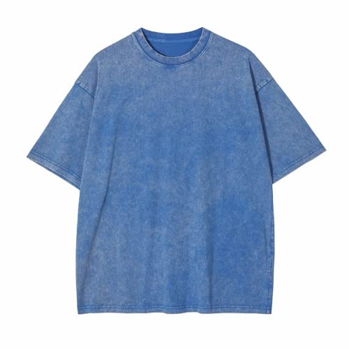 Aelfric Eden T-shirts surdimensionnés en coton pour homme - Unisexe - Manches courtes - Délavé - Délavé - Décontracté - Pour l'entraînement - Hauts d'été, bleu, Taille S