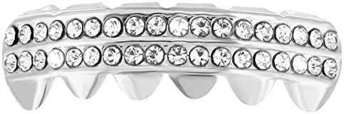 Bottom Row 14K White Gold Finish Tone 2 Clear Bling Rows Removeable Mouth Grillz