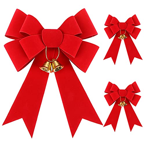 MCPINKY 3PCS Red Velvet Christmas Bows, 9 X 12 Inches Christmas Tree Crafts with Jingle Bells and Ribbon for Gift Box Decorations