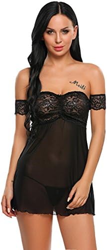 Dethler Women Sexy Babydoll Lingerie Strapless Lace Nightgown with G-String