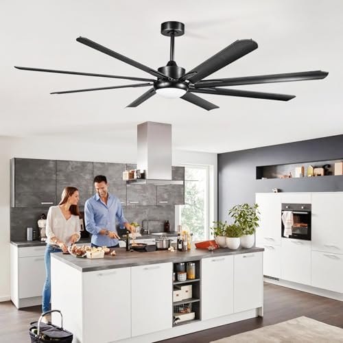 XSXUDODP Ceiling Fans 185 cm with Light, Outdoor White Ceiling Fan with Lighting and Remote Control, 8 Aluminum Blades, 6 Speed, Reversible DC Motor, Black