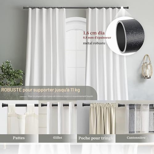 Curtain Rod, 71-472cm Extendable Curtain Rod with Lid and Brackets Stainless Steel Hardware Set Adjustable - 16mm Diameter Window Decorative for Living Room/Matte Black