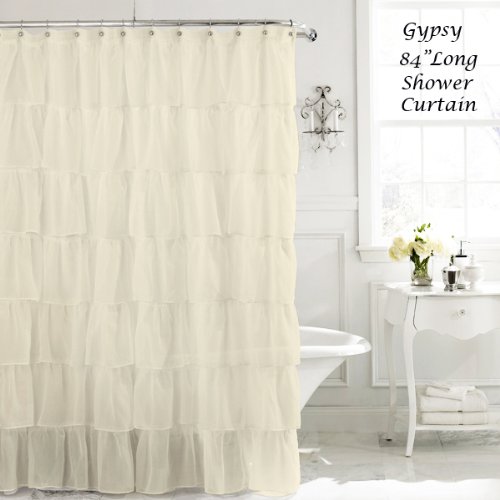 Cream 84 Long Gypsy Shabby Chic Ruffled Fabric Shower Curtain