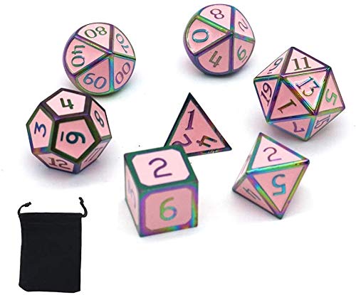 DollaTek 7 PCS Metal Dice Set DND Game Polyhedral Solid Metal D&D Dice Set with Storage Bag and Zinc Alloy with Enamel for Role Playing Game Dungeons and Dragons (Colorful Pink)