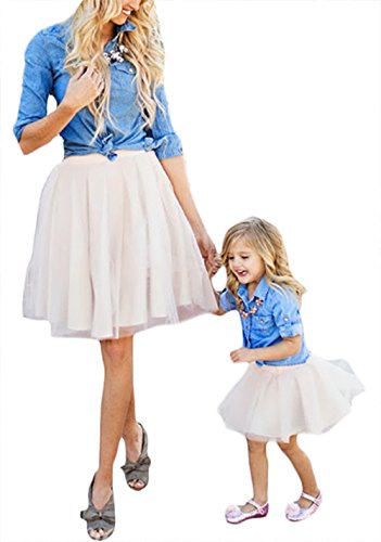 Family Matching Clothes Mommy and Me Long Sleeve Denim T-shirt Tulle Skirt Set