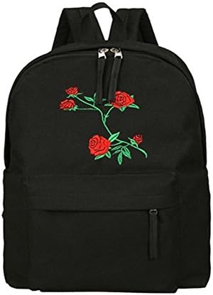 LBOJA Travel Students Canvas Double Shoulder Bag Women Rose Flower Embroidery Backpack - Black