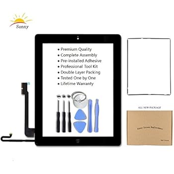 iPad 4 Model A1458, A1459, A1460 Black Screen Replacement Touch Screen Digitizer Glass Assembly Includes Home Button Camera Holder Pre Installed Adhesive Stickers Bezel Frame and Professional Tool Kit