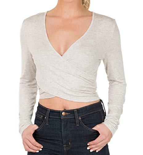 7028 Womens Deep V-Neck Long Sleeve Fitted Surplice Wrap Crop Top Oatmeal 2XL