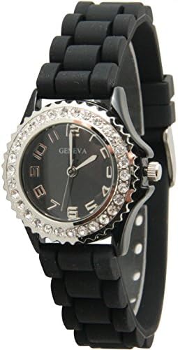 Geneva Silicone Watch Unisex Crystals Rhinestones Wrist Watch Small Size Dial (Black)