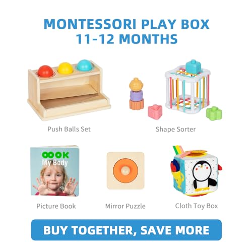OOOK MONTESSORI TOYS FOR 1 YEAR OLD, 5 IN 1 LEARNING EDUCATIONAL WOODEN TOYS SET (INCLUDES PUSH BALLS SET, SHAPE SORTER, MIRROR PUZZLE, CLOTH TOY BOX AND MORE)