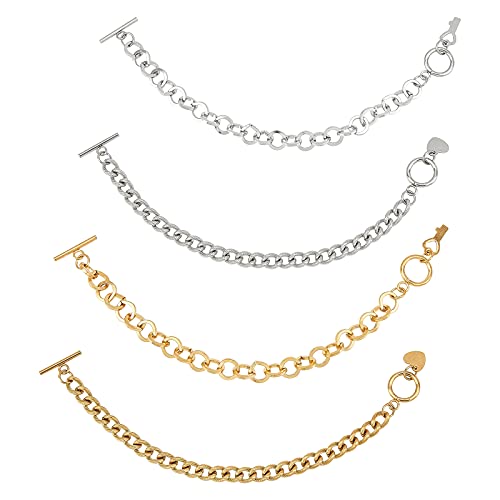 CHGCRAFT 4pcs 2 Colors Cable Chain Bracelets Key and Heart Shape Charm Curb Chain Bracelets with 304 Stainless Steel for Bracelet Jewelry Gift