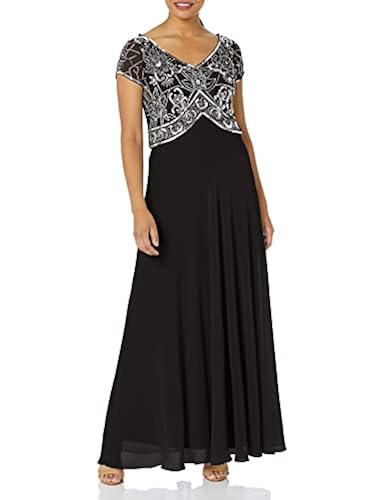 J Kara Women's Cap V-Neck Beaded Dress, Blush/Mercury 16 J Kara Women\u0027s Petite Cap Sleeve V-neck Beaded Top Gown Special Occasion  Dress, Grey⁄Mercury⁄Gun, 18 : : Fashion