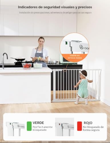 COMOMY 75-117cm Child Safety Barrier Stairs, Gate for Dogs Babies Automatic Closing with Red/Green Sign, Extra Wide Child Safety Fence Without Holes (76cm H, White)