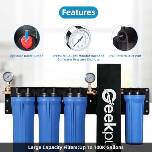 Geekpure 5 Stage Whole House Water Filter System with 2.5 x 20 5 Micron PP Sediment + Carbon Filters and 6 GPM UV