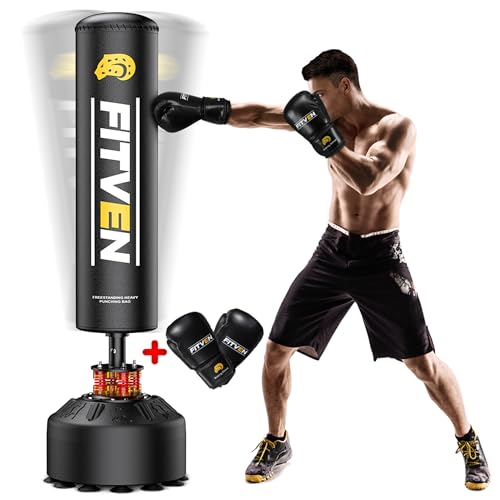 FITVEN Freistehender Boxsack 178 cm / 86 kg mit Boxhandschuhen, schwerer Boxsack mit Saugnapfbasis – Stehender Kickboxsack für Herren für Zuhause und