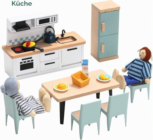 Giant bean Dollhouse Furniture Wooden Set, 36 Pieces Furniture with 4 Family Dolls, Doll Accessories, Toy for Boys, Girls and Toddlers 3+ Years