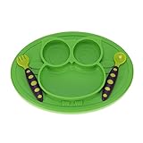 Baby Silicone Placemat Feeding Set Kirecoo Owl Plates Built in Plate and Bowl + One Utensil Baby Fork and Spoon Set with Travel Case for Early Promotes Independence (Green)