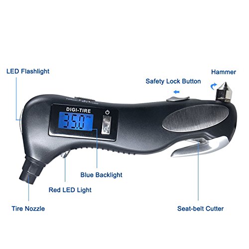 iMagitek Digital Tire Pressure Gauge Monitor with Safety Hammer, Flashlight, Seatbelt Cutter, Red Safety Light - 5 in 1 Rescue Emergency Tool for Car, Motorcycle and Other Vehicle