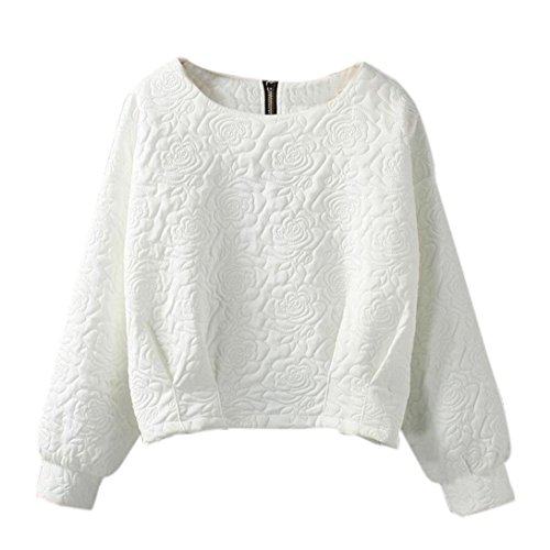 Women Blouse, Neartime Long Sleeve Round Neck Loose Blouse Casual Tops (L, White)