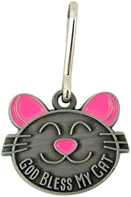 God Bless My Cat Brushed Pewter and Enamel Pet Medal with Prayer Back, 1 1/2 Inch