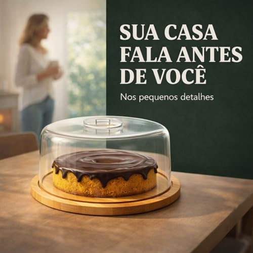 Porta Bolo com Tampa Acrílica 28cm, Boleira de Bambu Redonda | Porta Torta e Doces, Cúpula Transparente