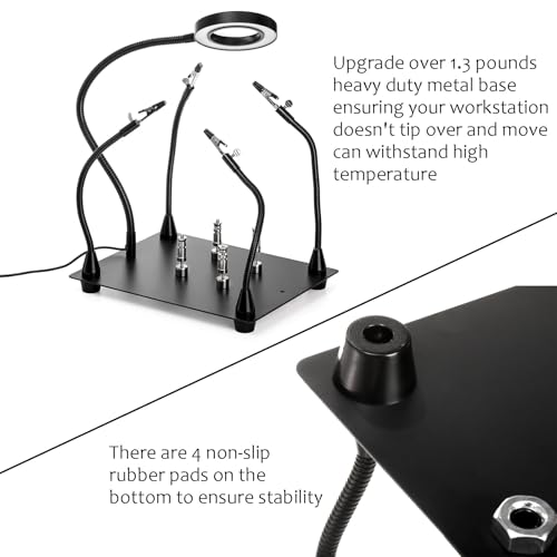 PFUTURE Helping Hands Soldering Station with 6X LED Magnifier – Third Hand Tool with 4 Magnetic PCB Holders, Flexible Arms, Non-Slip Weighted Base for Electronics Repair, Crafts, Jewelry, DIY
