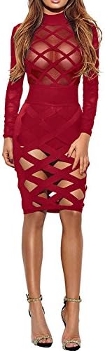 LaCouleur Women's Turtle Neck Hollow Out Cut-Outs See Thru Party Cocktail Evening Bandage Dress Red L