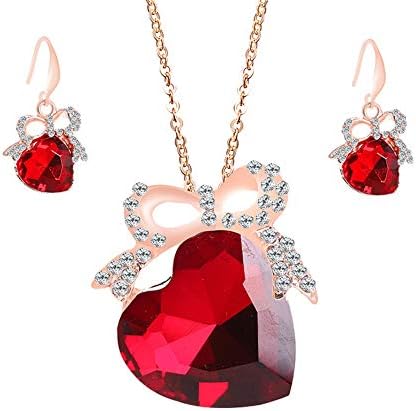 WuWxiuzhzhuo Sale Women Girl 3Pcs/Set Heart Shape Faux Gemstone Rhinestone Pendant Necklace Hook Earring Red