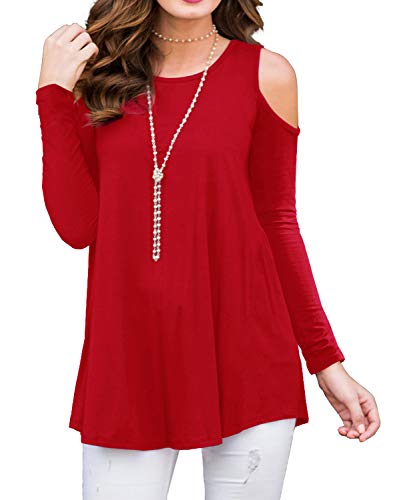 PrinStory Women's Long Sleeve Casual Cold Shoulder Tunic Tops Loose Blouse Shirts Red-L