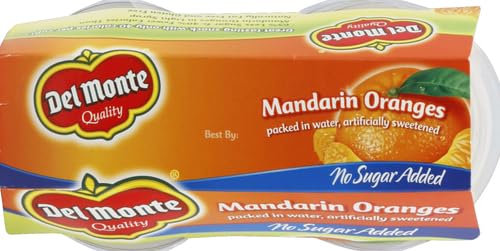 DEL MONTE NO SUGAR ADDED MANDARIN ORANGES IN WATER FRUIT CUP, 4 OZ, PACK OF 4