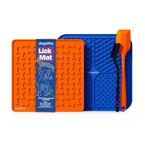 Dogelthy Lick Mat Kit para Perro y Gato. Set de 2 Tapetes para Lamer, Cepillo Limpiador y Espatula. Alfombrilla para Lamer con Ventosas. Licking Mat