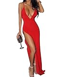 Leadingstar Women Sexy Deep V-neck Backless Spaghetti Strap Maxi Tank Long Dress (59.28 Long=Asian S, Red)
