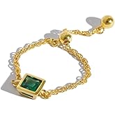 Cubic Zirconia Link Chain Statement Ring with Dangle Beaded Ball Adjustable Tail Finger Band Birthstone Stacking Eternity Promise Ring Tassel Dangling Charm Rings Fashion Jewelry Gifts for Women Girls BFF