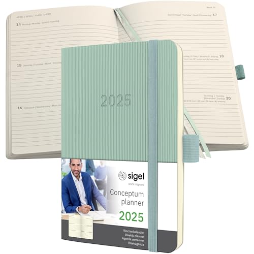 SIGEL C2539 Wochenplaner Wochenkalender 2025, ca. A6, grün, Softcover, 176 Seiten, Gummiband, Stiftschlaufe, Archivtasche, aus nachhaltigem Papier, Conceptum