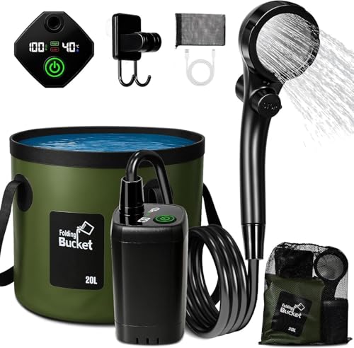 Goody King Portable Camping Shower with Pump Battery 6000 mAh – Water Shower Kit with Folding Bucket 20L, Head 3 Modes, Hose 2 m, IPX7, USB-C Charging – Shower Camper Van Outdoor Dog Garden