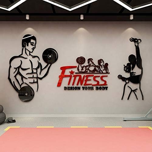 New Acrylic 3D Solid Wall Sticker Gym Creative Decoration School Gymnasium Sports Room,904 Fitness - Black Red Coffee,Small